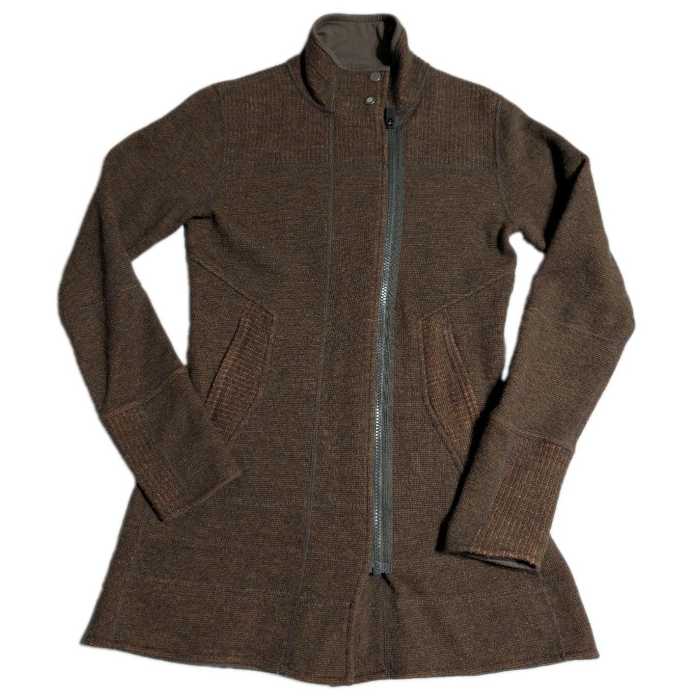Title Nine Womens XS Wool Blend Sweater Coat Brown Asymmetrical Zip Made Canada